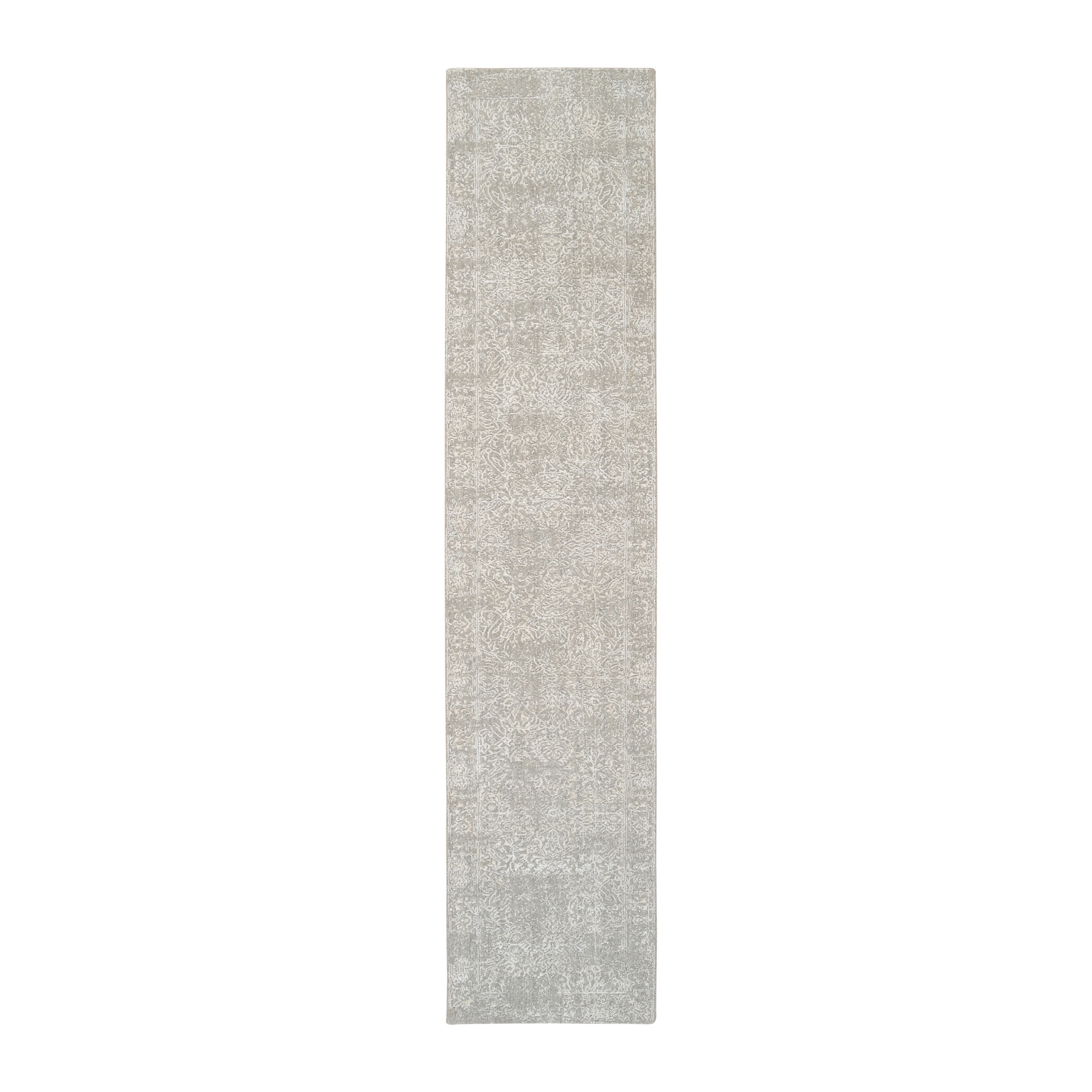 2'7"x12' Beige Wool and Plant Based Silk Hand Loomed Fine Jacquard with Erased Design Oriental Runner Rug 